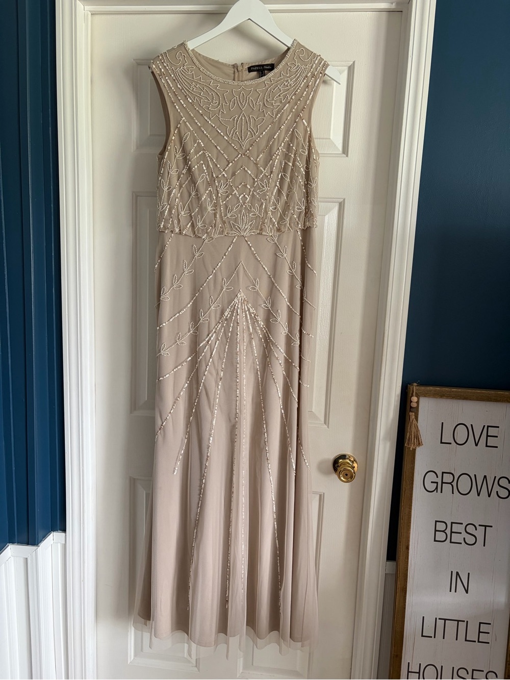 Papell Boutique Beaded Sleeveless Maxi Dress in Nude